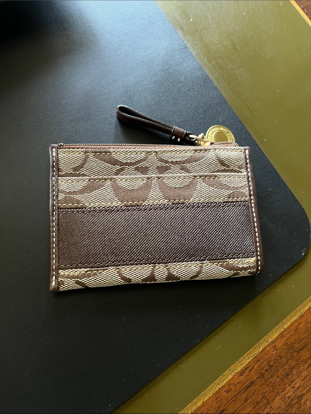 Coach Brown Signature Canvas Card Case with Gold Charm and Key ring